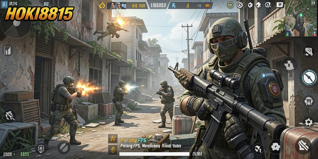 Tampilan gameplay mendebarkan di HOKI8815, siap untuk pertempuran FPS.