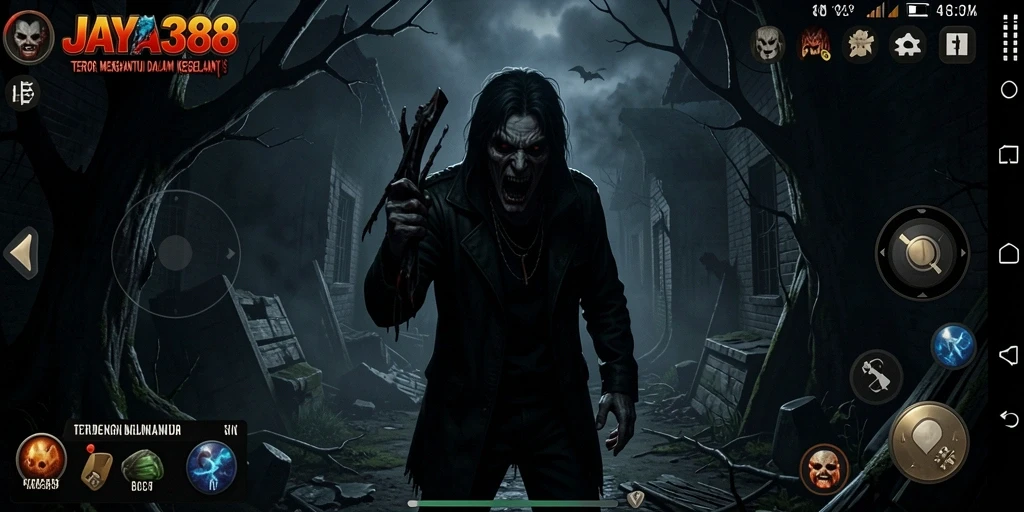 Tampilan gameplay menegangkan dalam dunia kegelapan yang penuh hantu.
