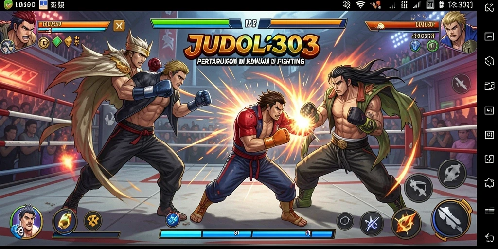 Tampilan gameplay mempertarungkan karakter dalam arena yang mengesankan.