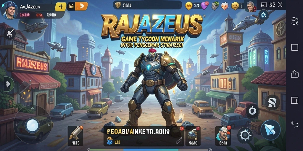 Tampilan gameplay menakjubkan di RAJAZEUS dengan mekanik Tycoon yang unik.