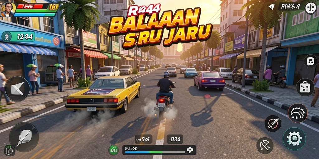 Screenshot gameplay RR44 menampilkan aksi balapan yang mendebarkan.