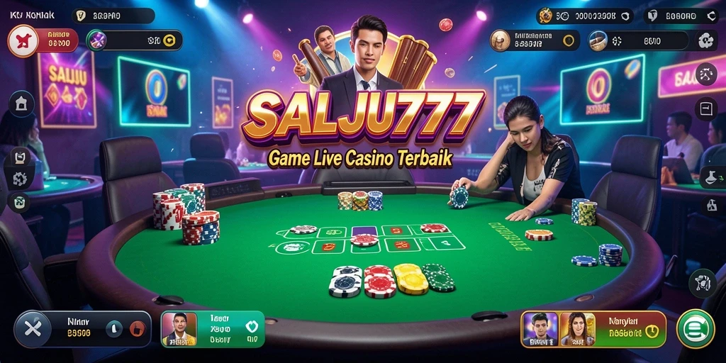 Screenshot SALJU777 menampilkan dealer langsung dan suasana Live Casino yang mengasyikkan.